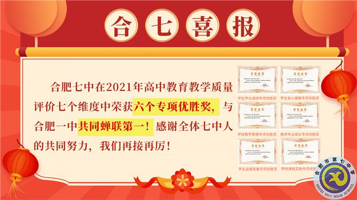 合肥七中在2021你那高中教學(xué)質(zhì)量評(píng)價(jià)中榮獲六個(gè)A專項(xiàng)優(yōu)勝獎(jiǎng)，與合肥七中共同蟬聯(lián)第一！.jpg